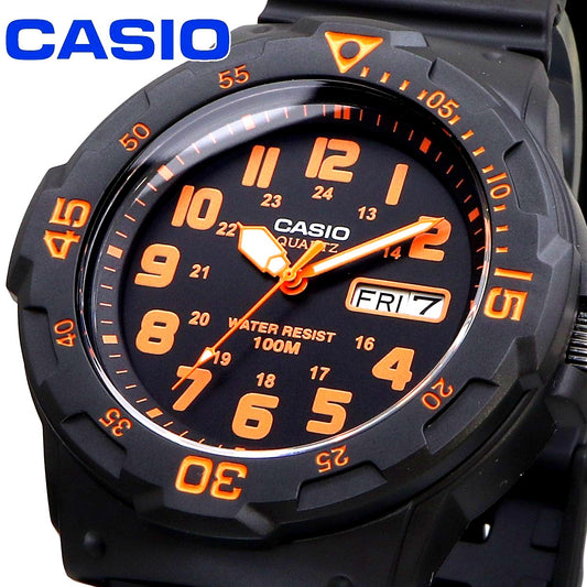 Casio MRW-200H-4BV watch with resin case and band, showing black dial with date display