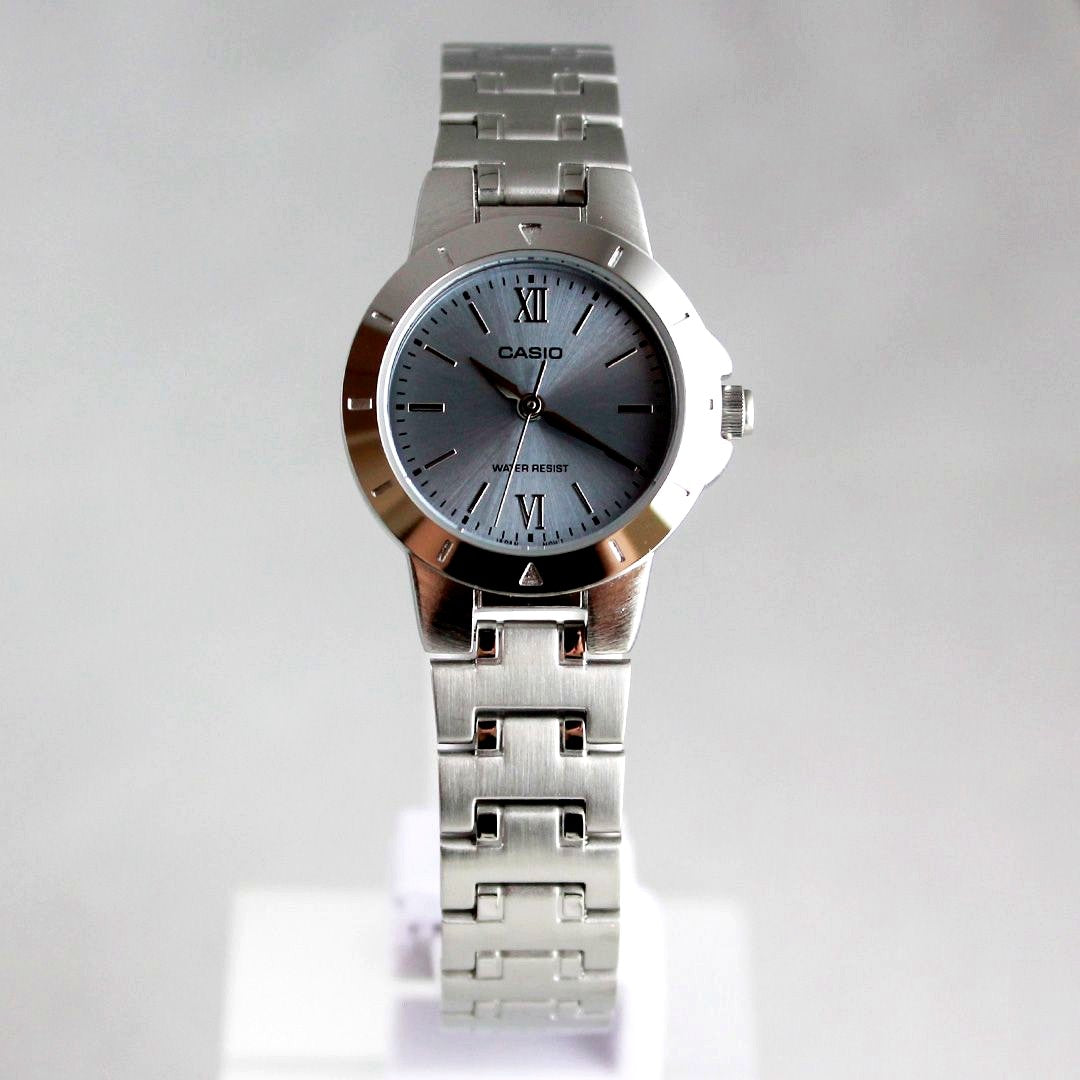 Casio LTP-1177D-2AJF women's watch with silver case, light blue dial, and stainless steel bracelet