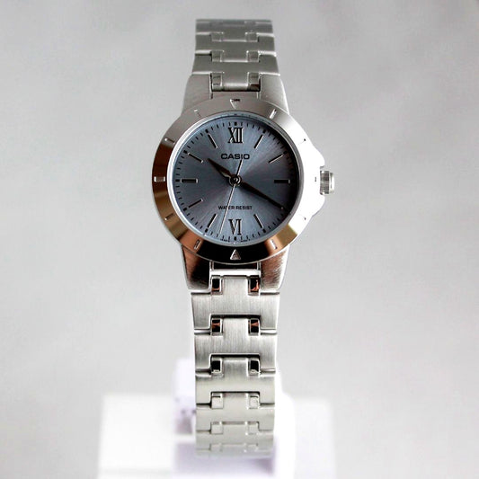 Casio LTP-1177D-2AJF women's watch with silver case, light blue dial, and stainless steel bracelet