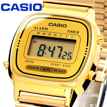 Casio LA670WGA-9 quartz watch with gold dial and gold strap, Japan import, shown on white background
