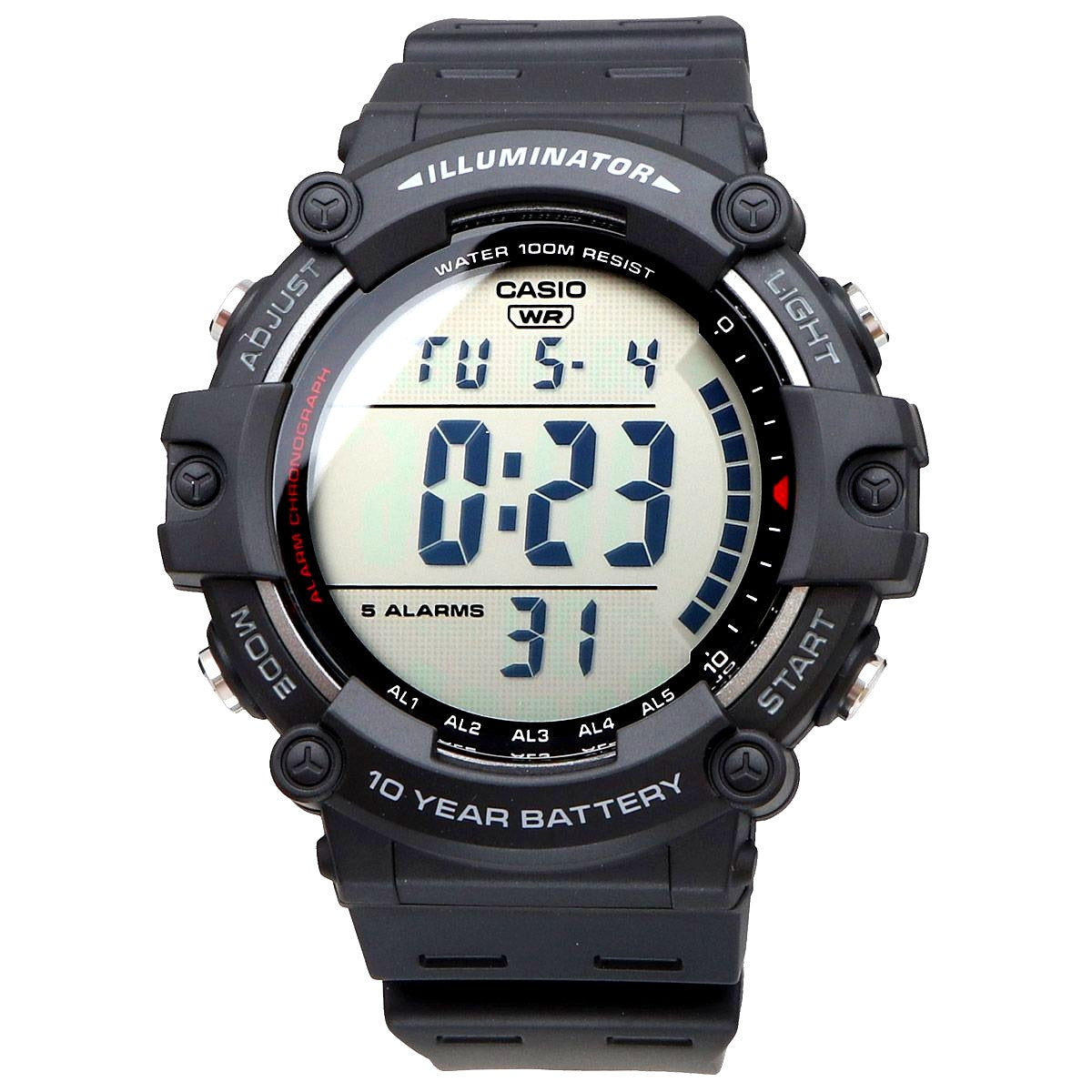 Casio AE-1500WH-1AV digital watch with resin case and band showing digital LCD display