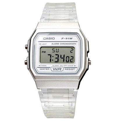 Casio F-91WS-7 digital quartz wristwatch with white dial and white resin band