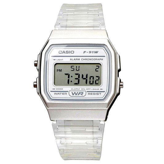 Casio F-91WS-7 digital quartz wristwatch with white dial and white resin band