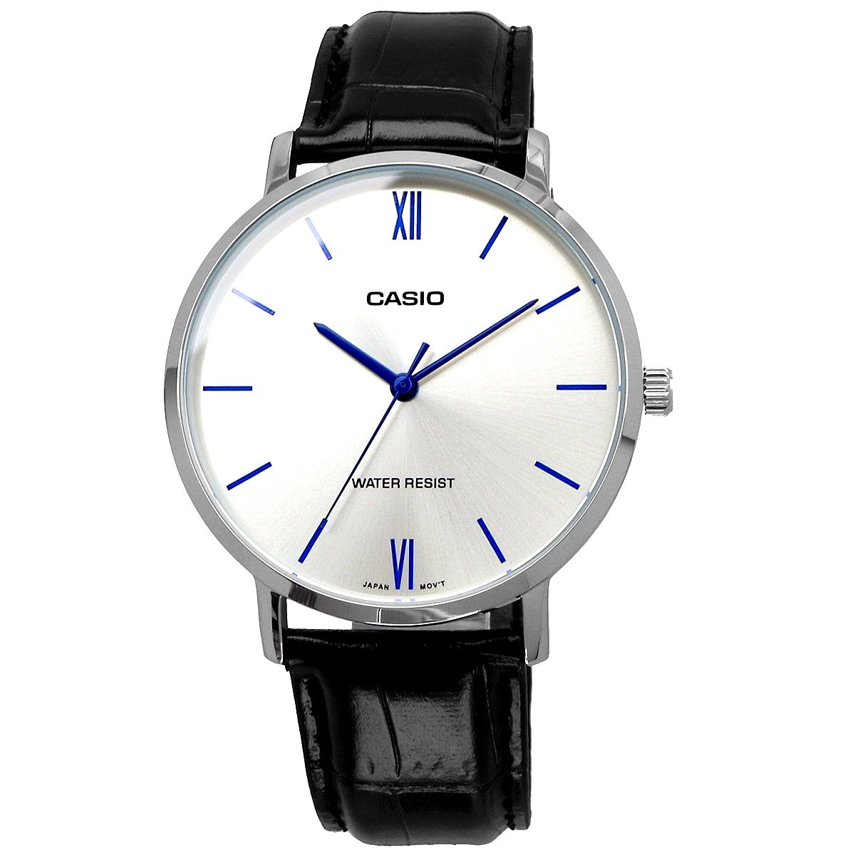 Casio cheap unisex watch model MTP-VT01L-7B1 with stainless steel case and synthetic leather strap
