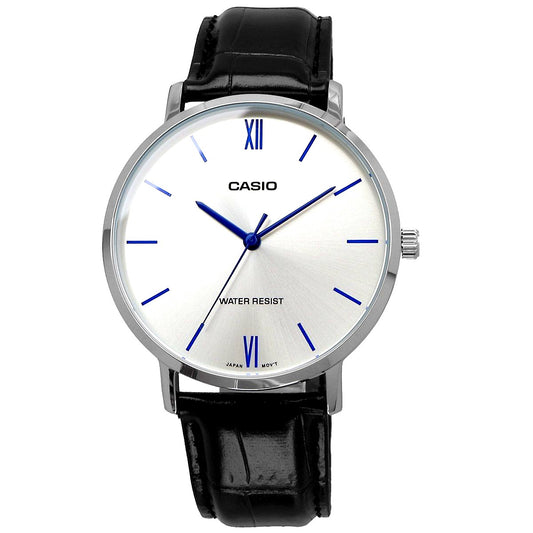 Casio cheap unisex watch model MTP-VT01L-7B1 with stainless steel case and synthetic leather strap