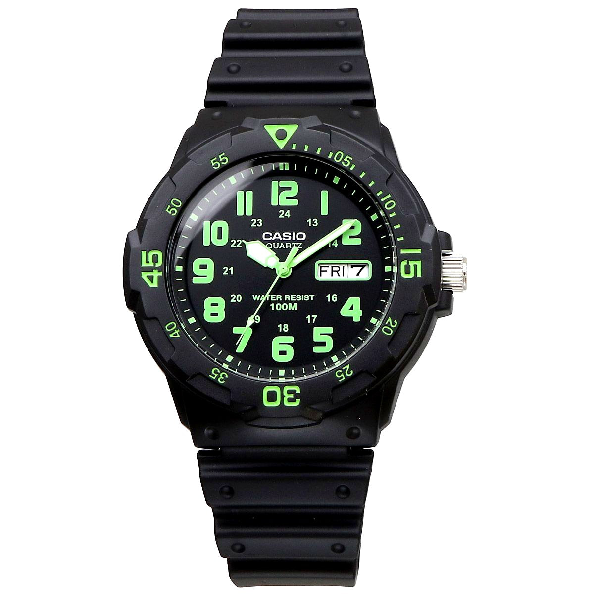 Casio MRW-200H-3BV wristwatch with green resin case and strap showing analog dial