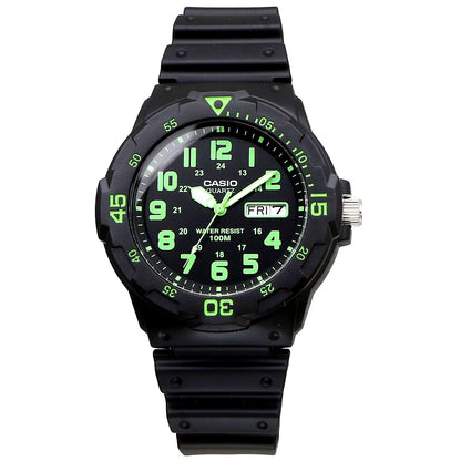 Casio MRW-200H-3BV wristwatch with green resin case and strap showing analog dial