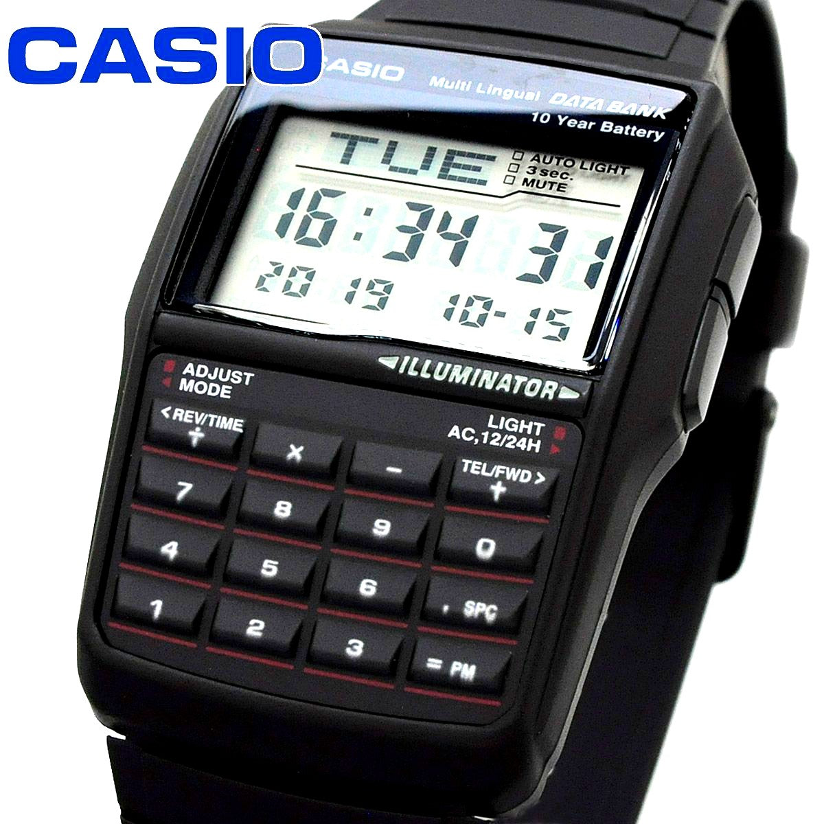 Casio Data Bank Series DBC-32-1A digital watch with black dial, silver LCD, resin case and band