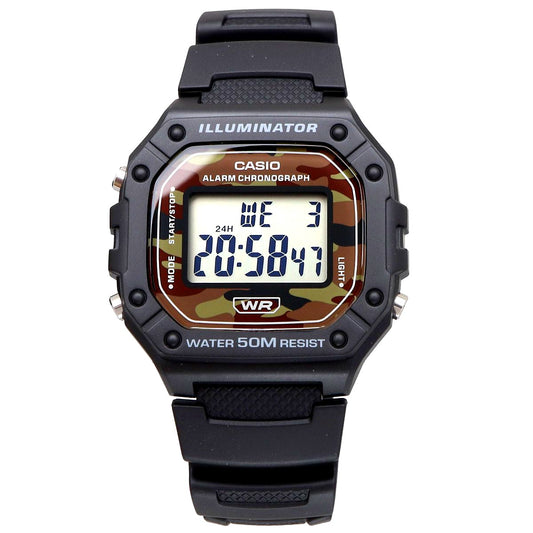 Casio W-218H-5BV quartz watch with resin case, resin band, and resin glass in black color