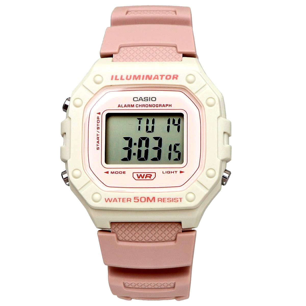 Casio W-218HC-4A2V unisex cherry pink resin watch with quartz movement and 5 ATM water resistance