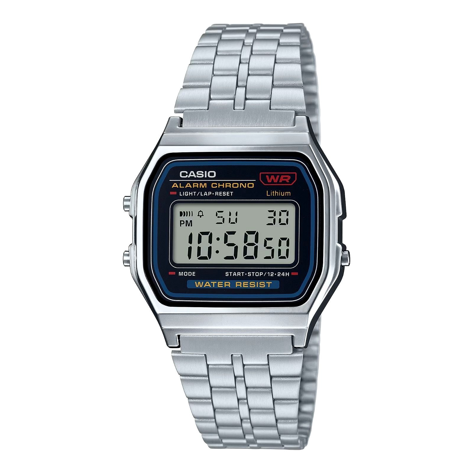 Casio Standard Digital Watch A159WA-N1JH with metal band showing LED display and sleek design