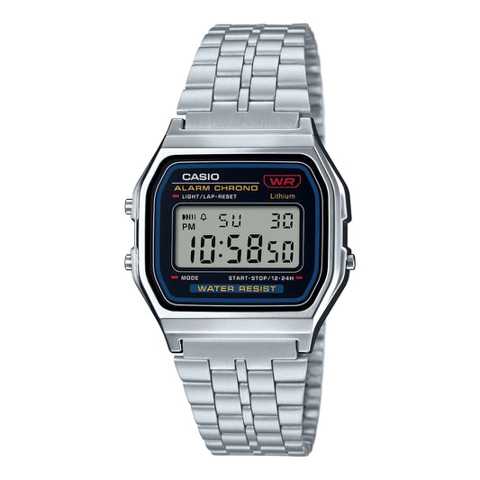 Casio Standard Digital Watch A159WA-N1JH with metal band showing LED display and sleek design