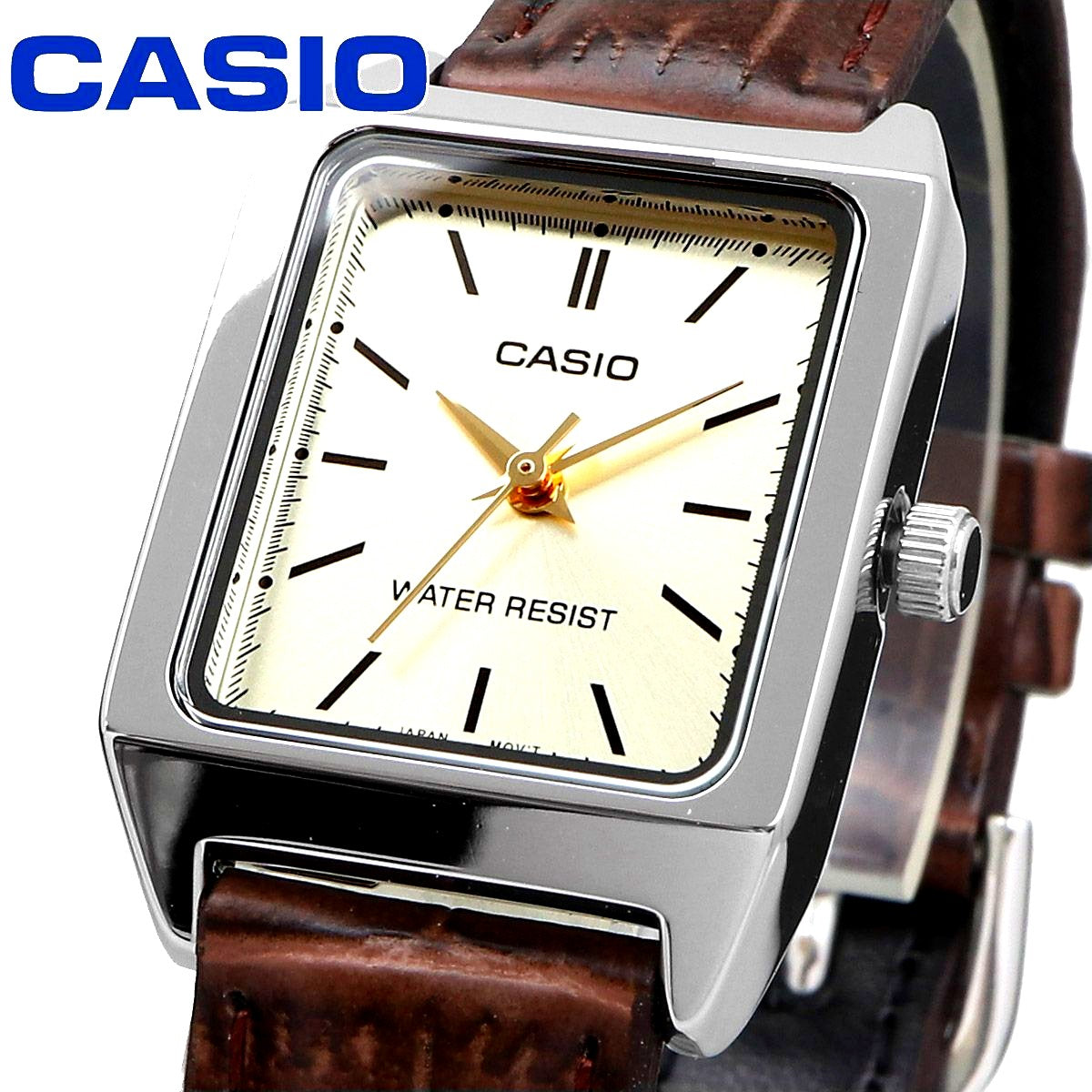 Casio LTP-V007L-9E women's quartz watch with champagne gold dial and brown leather strap