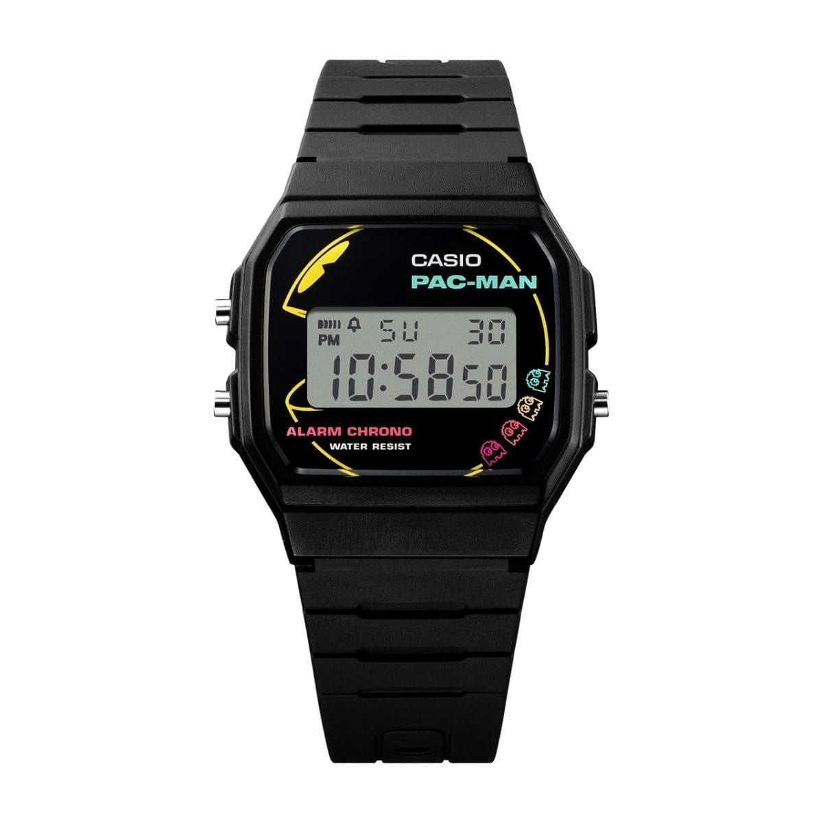 Casio Classic F-91WPC-1AJR PAC-MAN collaboration watch with colorful neon PAC-MAN and ghost graphics