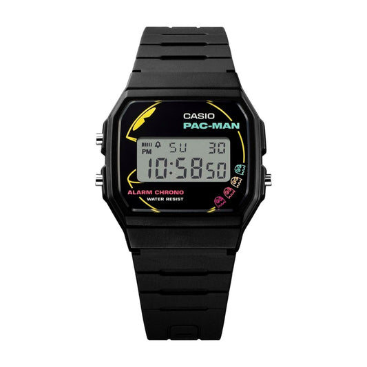 Casio Classic F-91WPC-1AJR PAC-MAN collaboration watch with colorful neon PAC-MAN and ghost graphics
