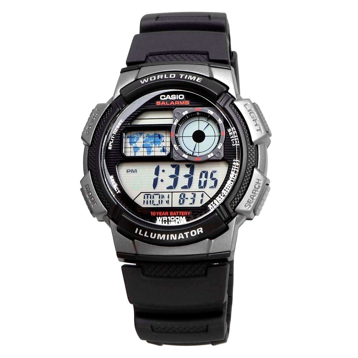 Casio AE-1000W-1BV digital watch with resin band and case showing world time function