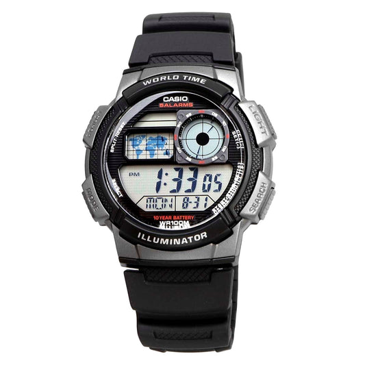 Casio AE-1000W-1BV digital watch with resin band and case showing world time function